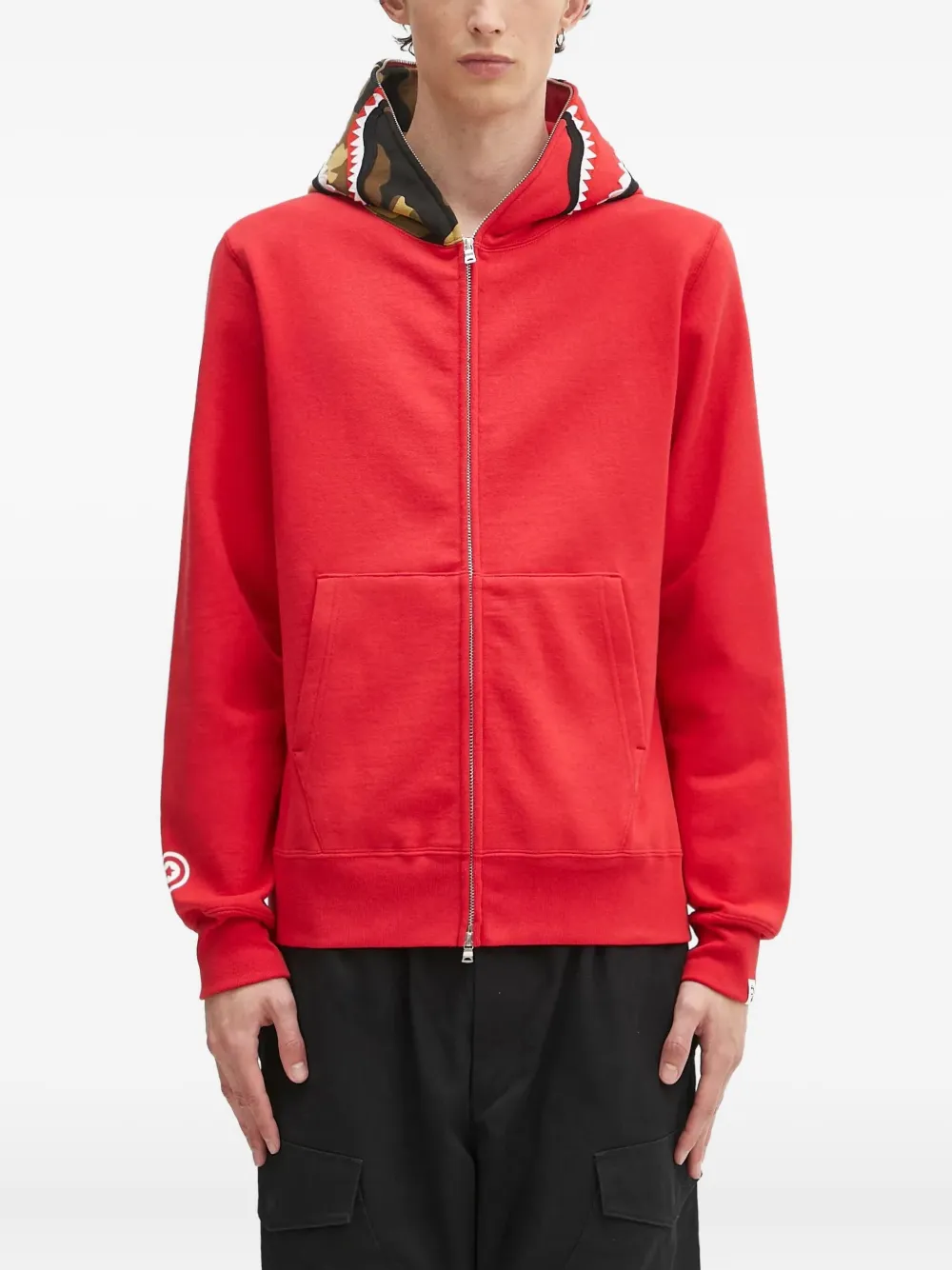 A BATHING APE shark-pattern hooded zip-up sweatshirt Rood