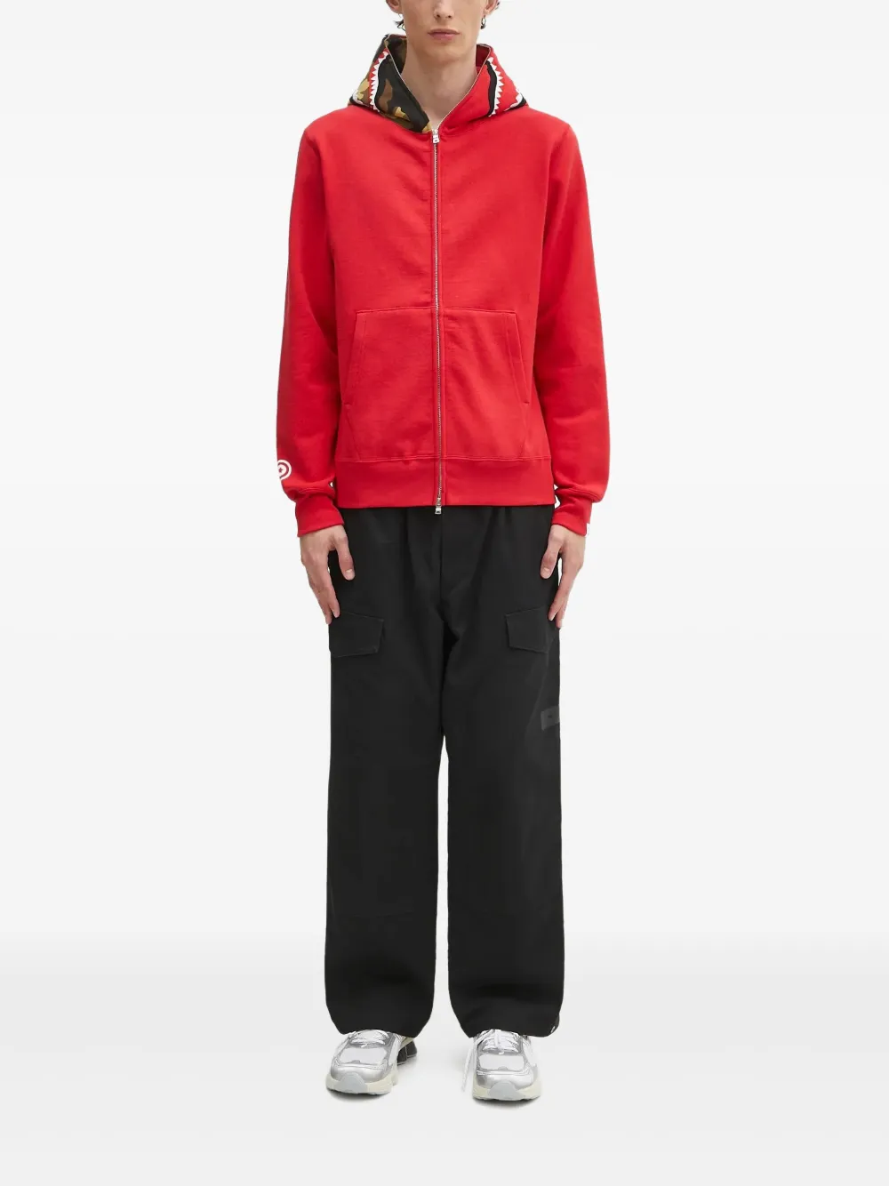 A BATHING APE shark-pattern hooded zip-up sweatshirt Rood