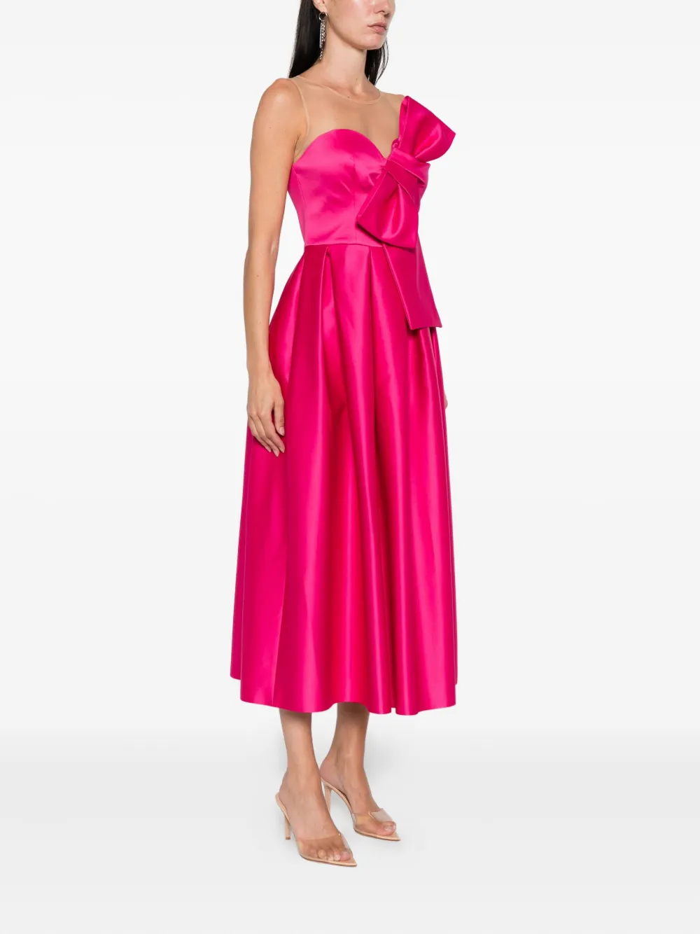 NISSA bow-detail mesh-insert midi dress Roze