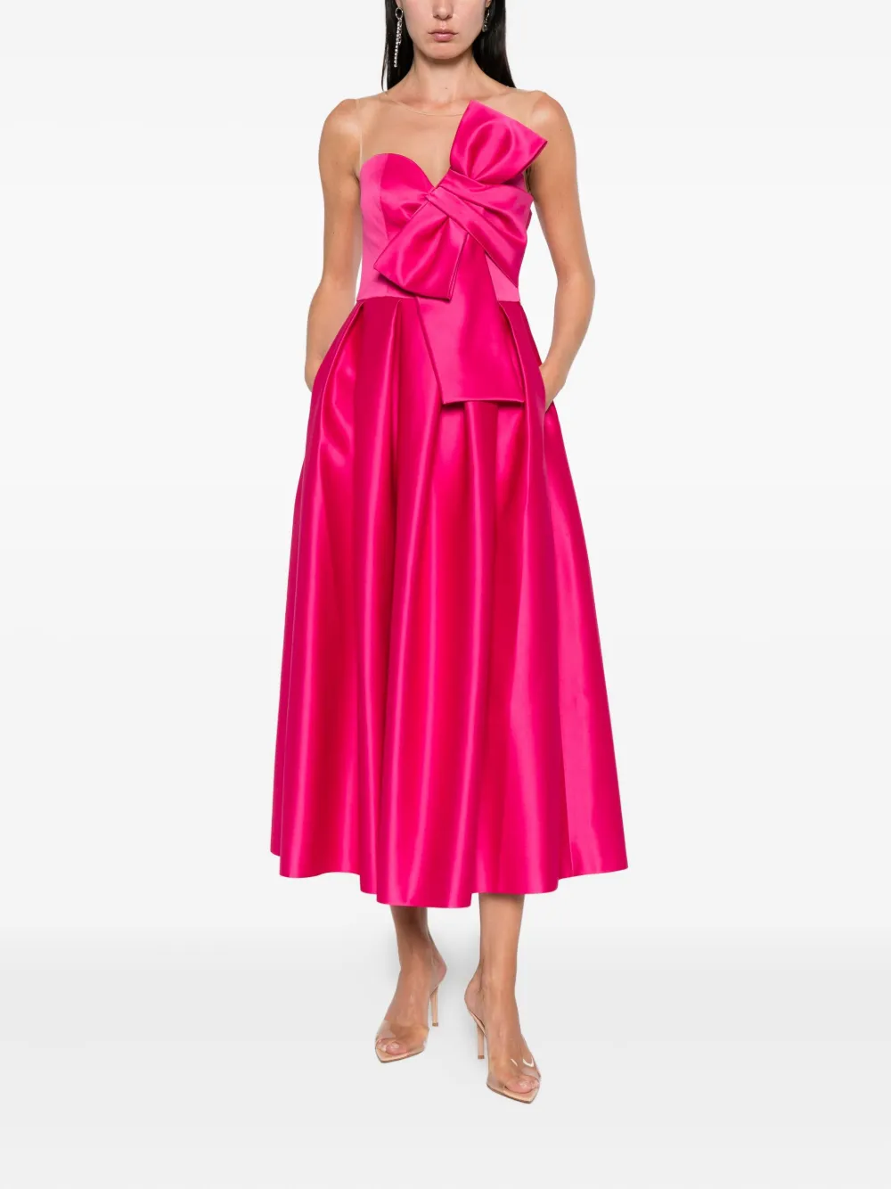 NISSA bow-detail mesh-insert midi dress Roze