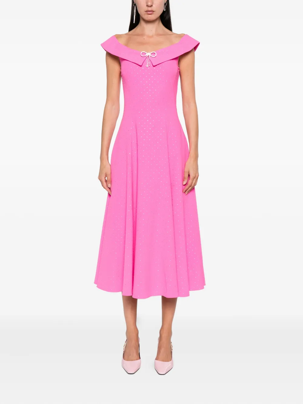 NISSA bow-embellished off-shoulder midi dress Roze