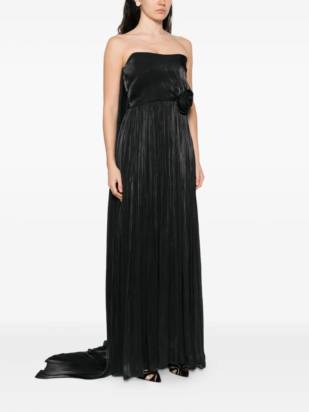NISSA pleated rose-embellished maxi dress Zwart