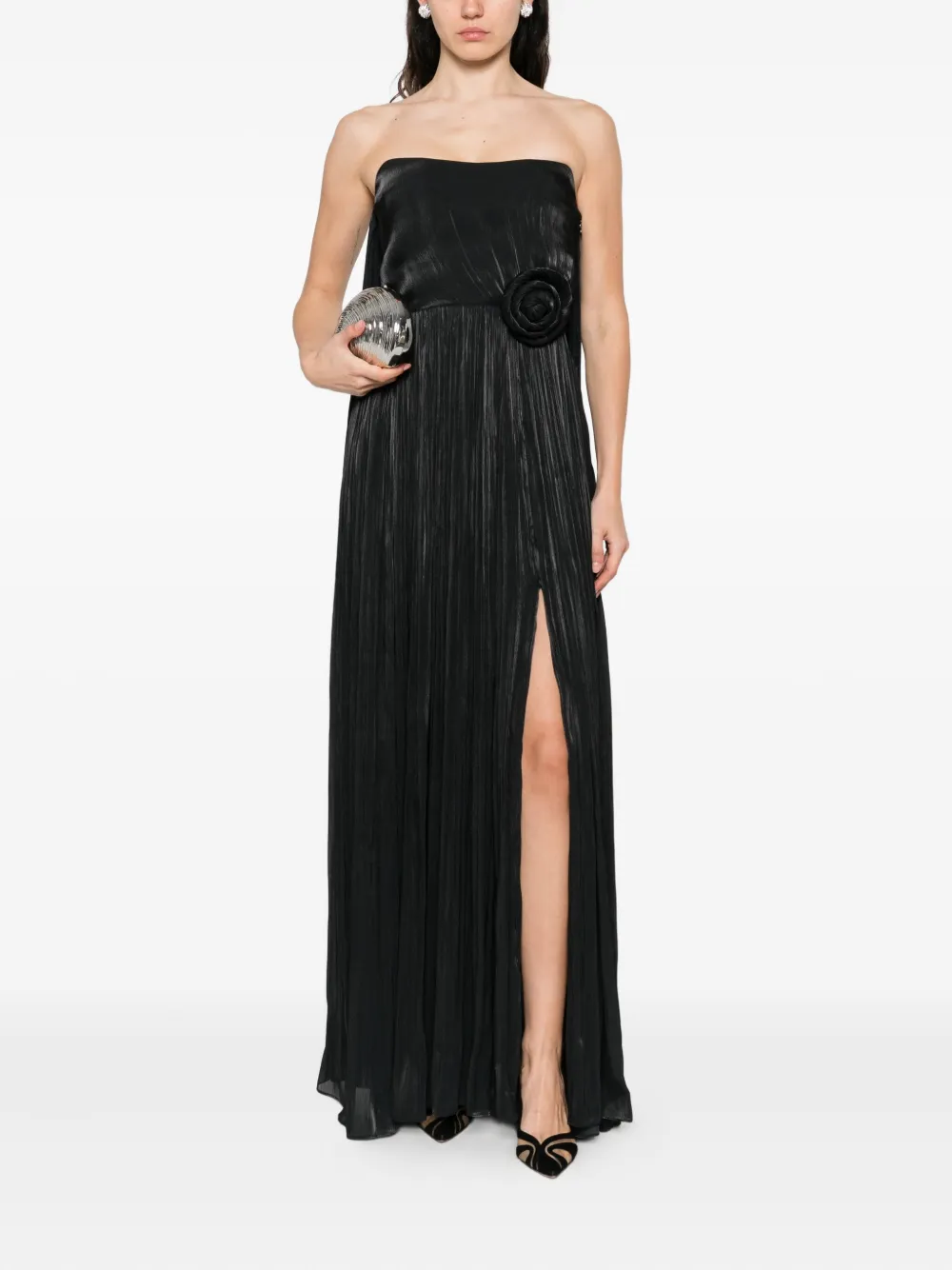 NISSA pleated rose-embellished maxi dress Zwart