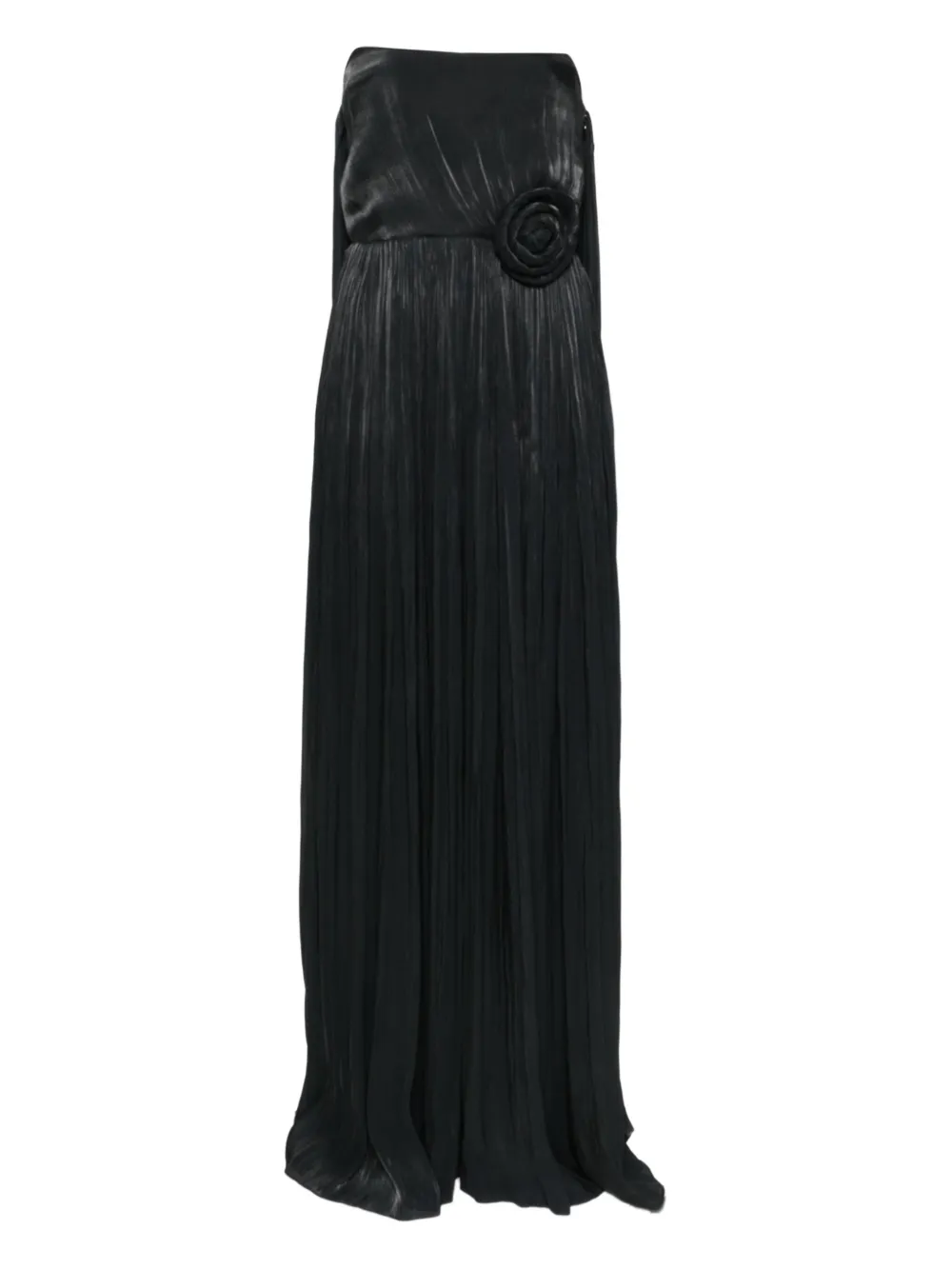 NISSA pleated rose-embellished maxi dress Zwart