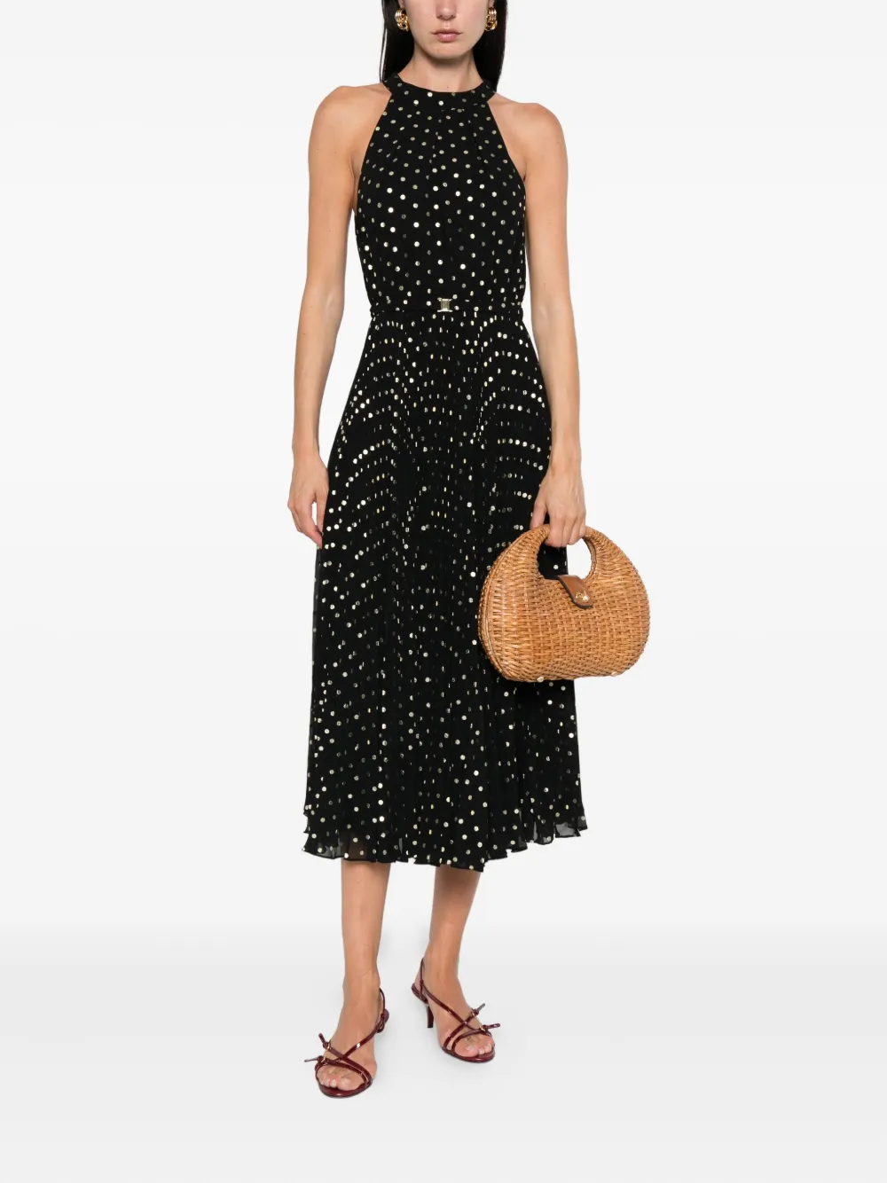 NISSA halterneck pleated midi dress Zwart