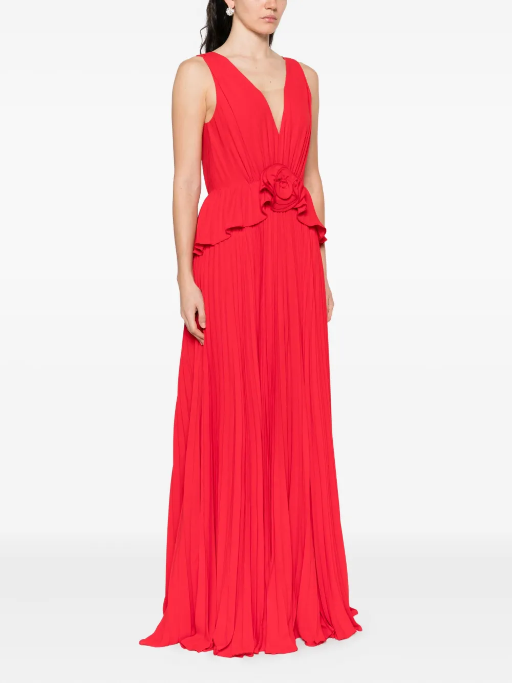 NISSA pleated rose-appliqué maxi dress Rood