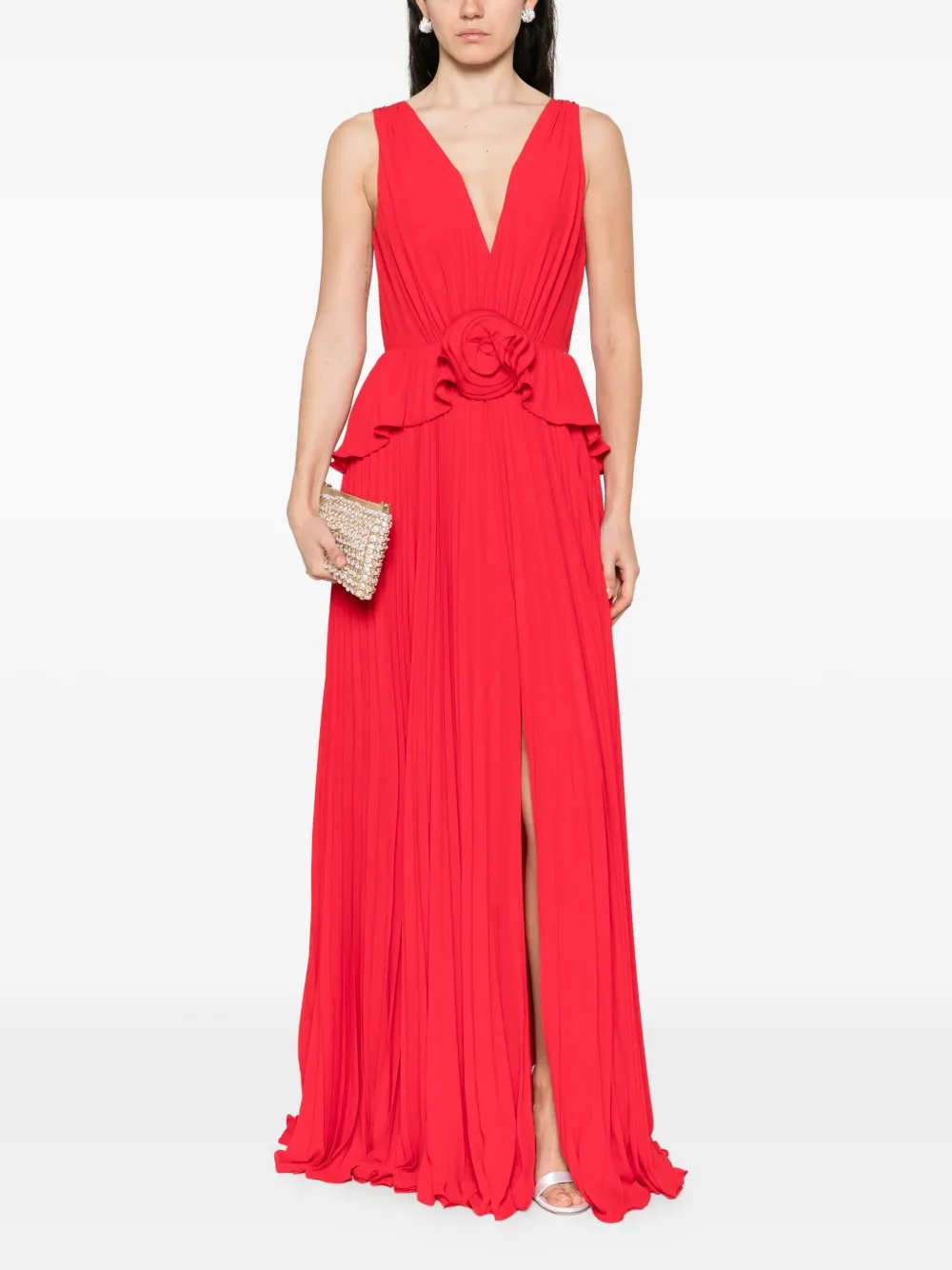 NISSA pleated rose-appliqué maxi dress Rood