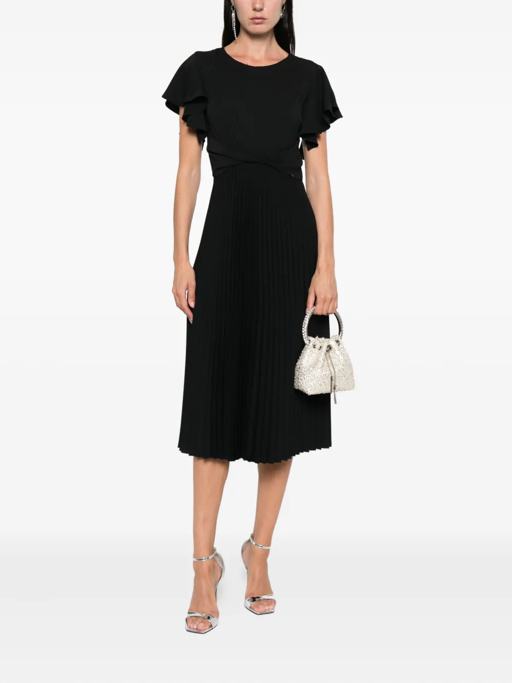 NISSA pleated ruffle midi dress Zwart