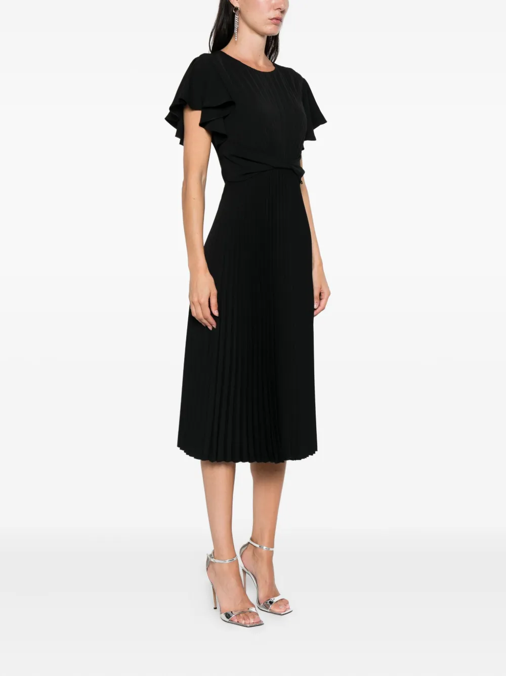 NISSA pleated ruffle midi dress Zwart