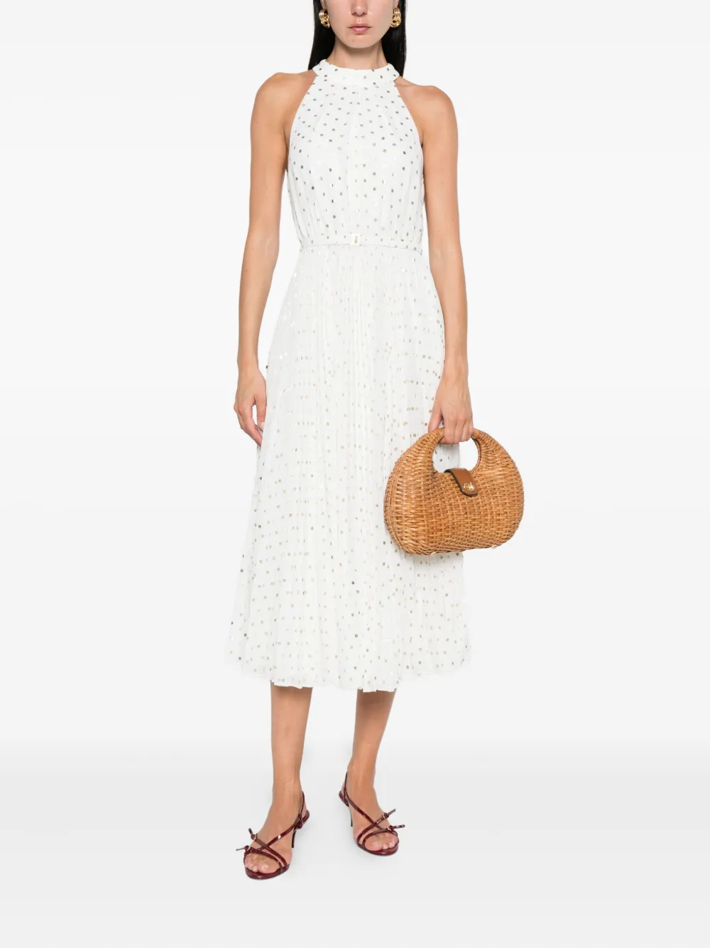 NISSA pleated polka-dot midi dress Wit