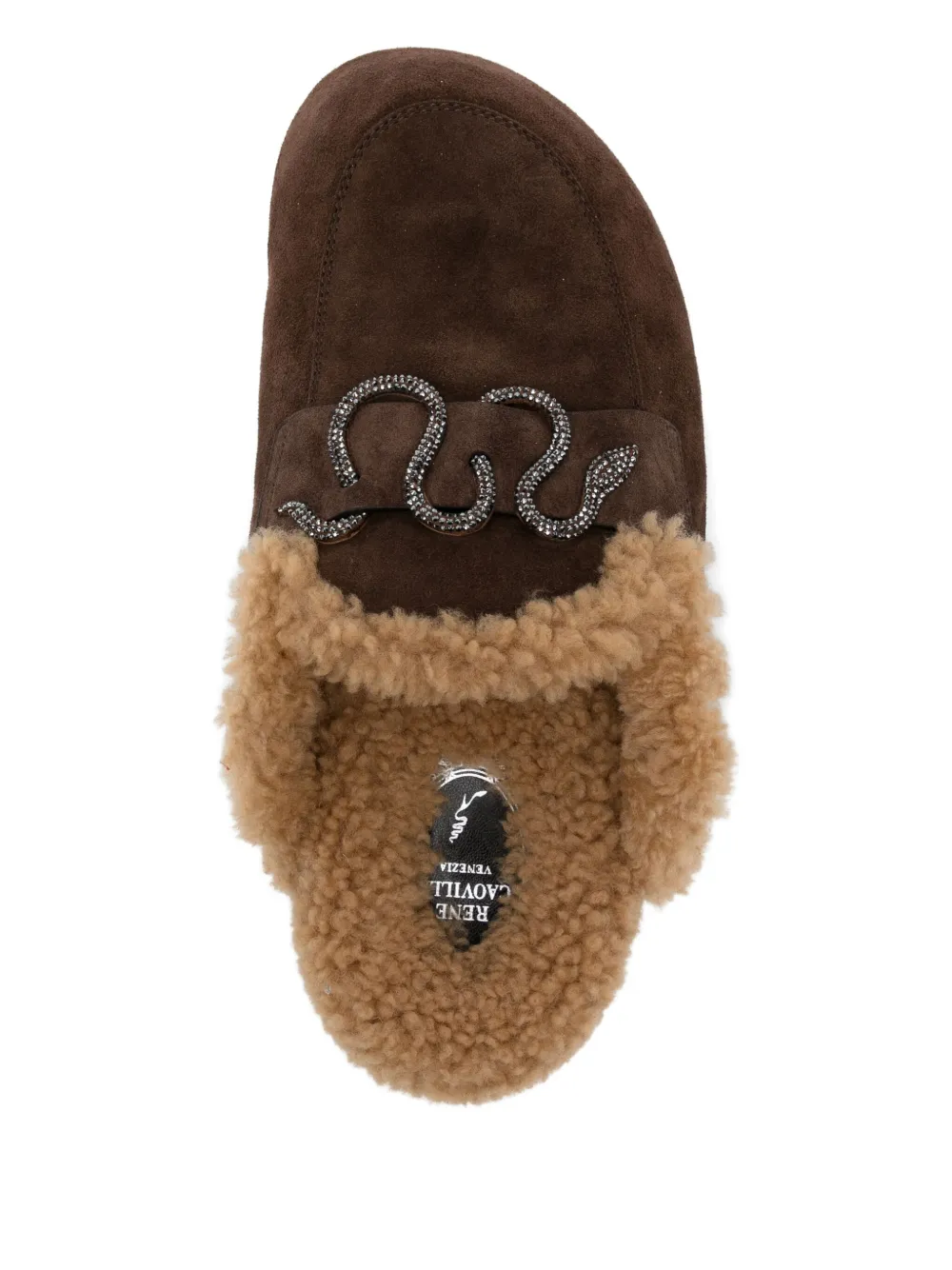 René Caovilla Muiltjes verfraaid met kristallen Bruin