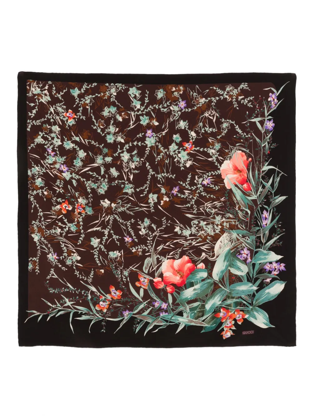 Pre-owned Gucci 1970s Floral Silk Scarf In Brown