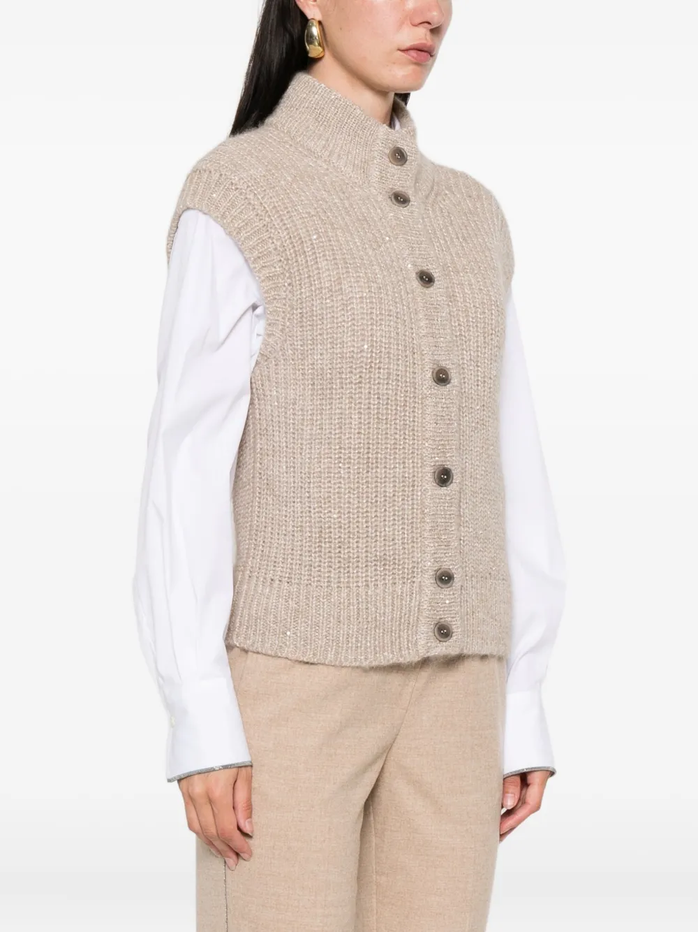Peserico high-neck sequin-detail knit vest Beige