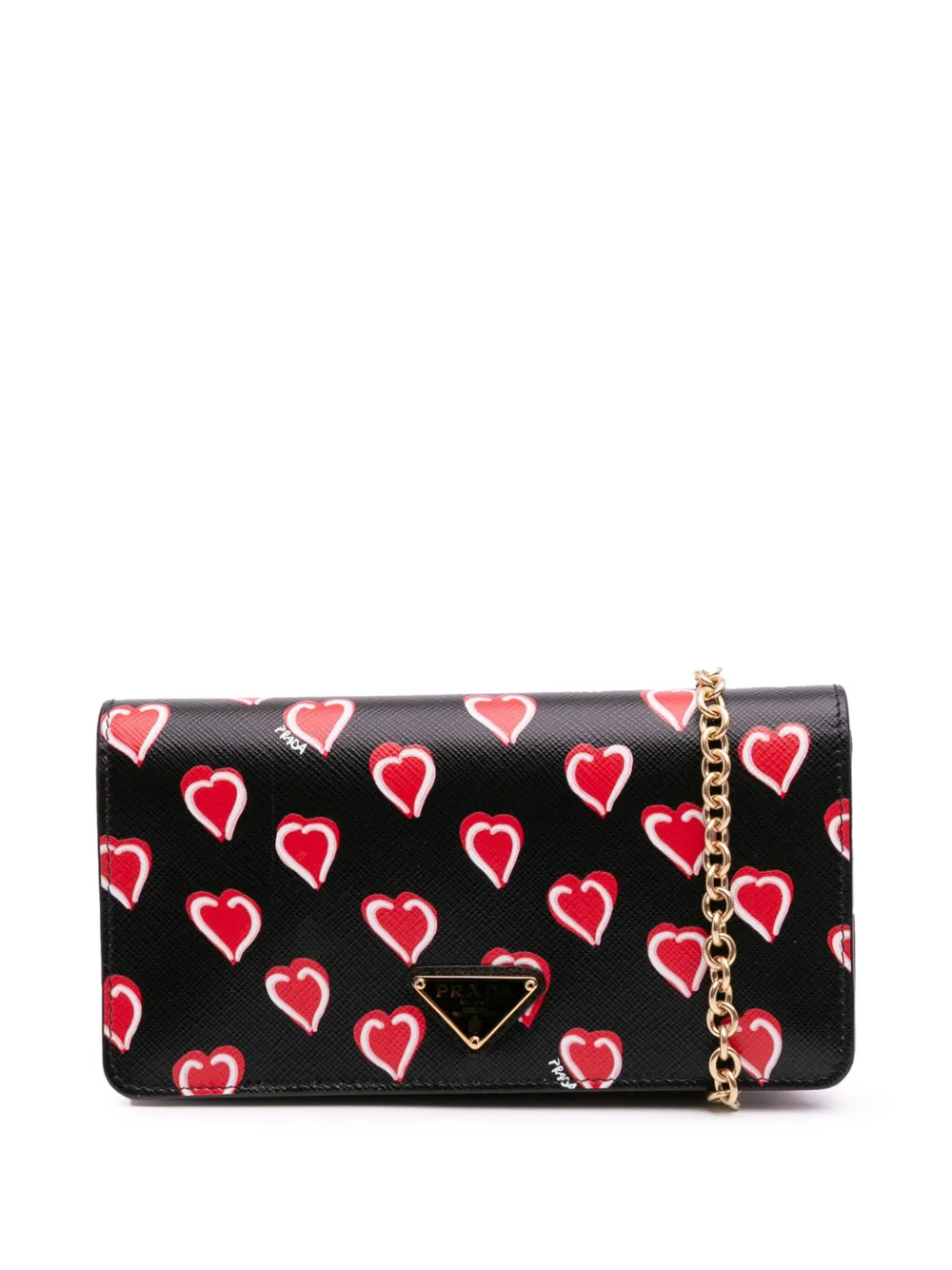 Prada Pre-Owned 2000-2013 サフィアーノ ハートプリント ウォレットオンチェーン ショルダーバッグ - ブラック Prada Pre-Owned 2000-2013 サフィアーノ ハートプリント ウォレットオンチェーン ショルダーバッグ - ブラック