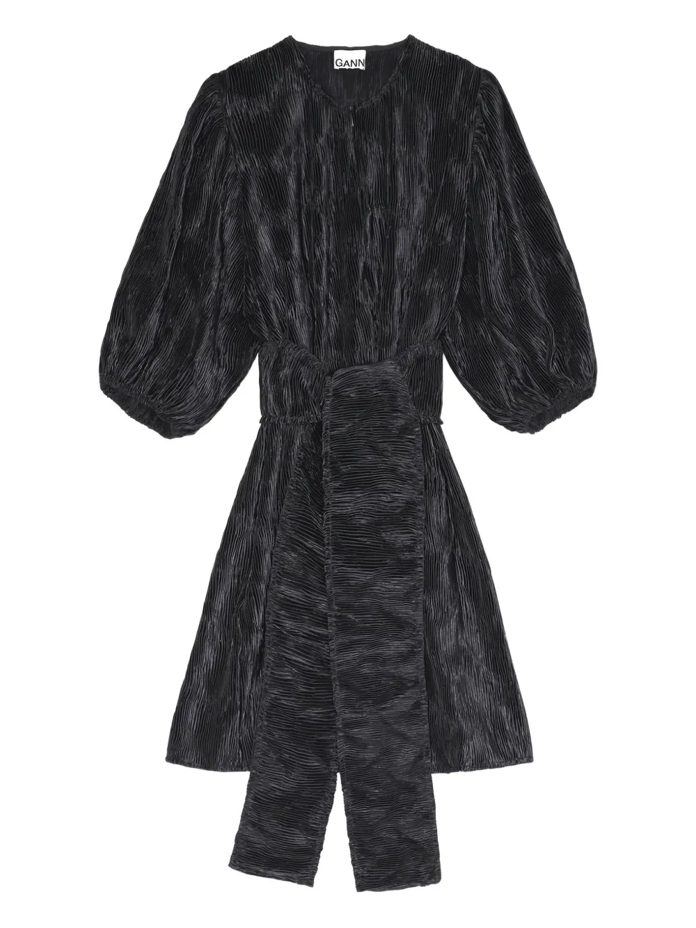 GANNI pleated puff-sleeve mini dress Zwart