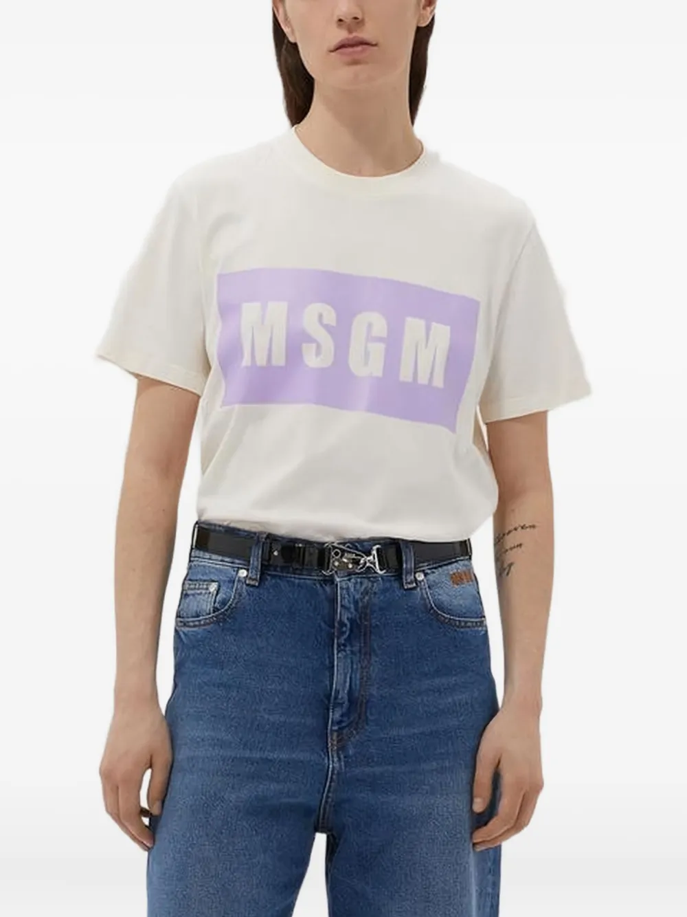 MSGM logo-print cotton T-shirt Beige