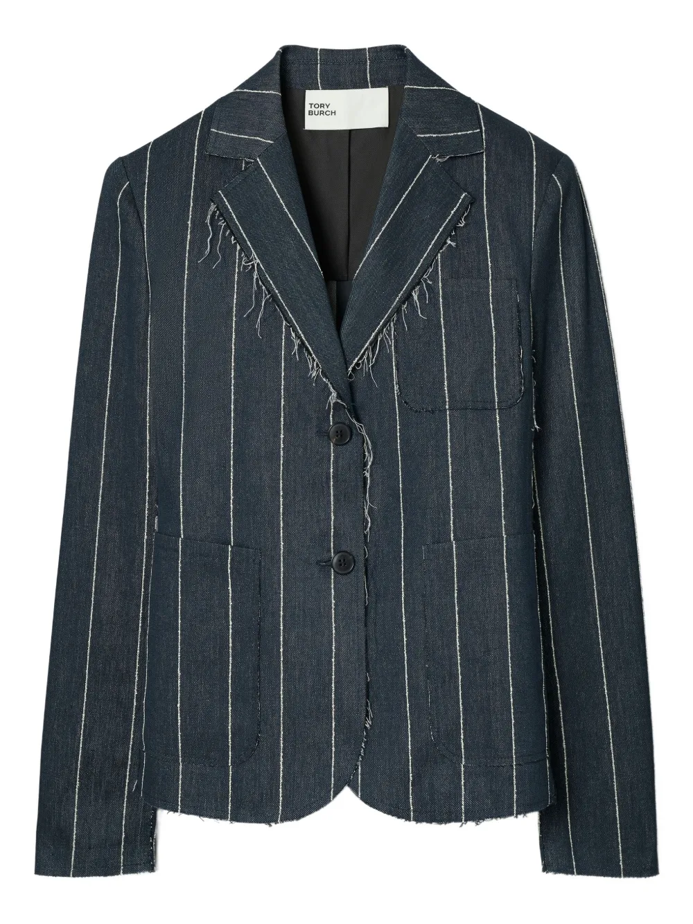 Tory Burch Pinstripe Frayed-edge Blazer In Blue