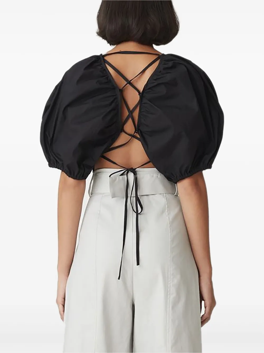 Gestuz Svala puff-sleeve lace-up blouse Zwart