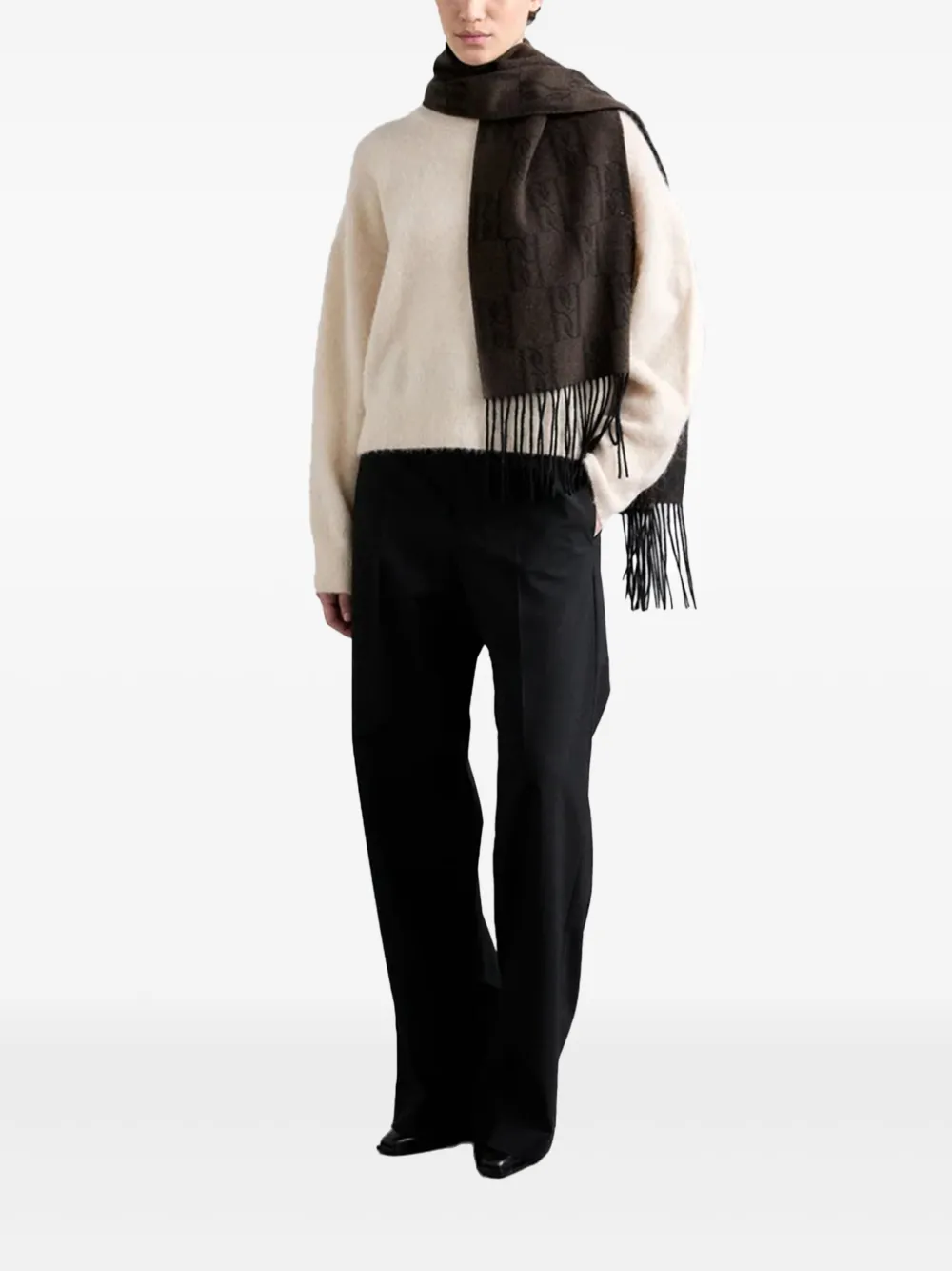 By Malene Birger Sjaal met monogramprint en franje Bruin