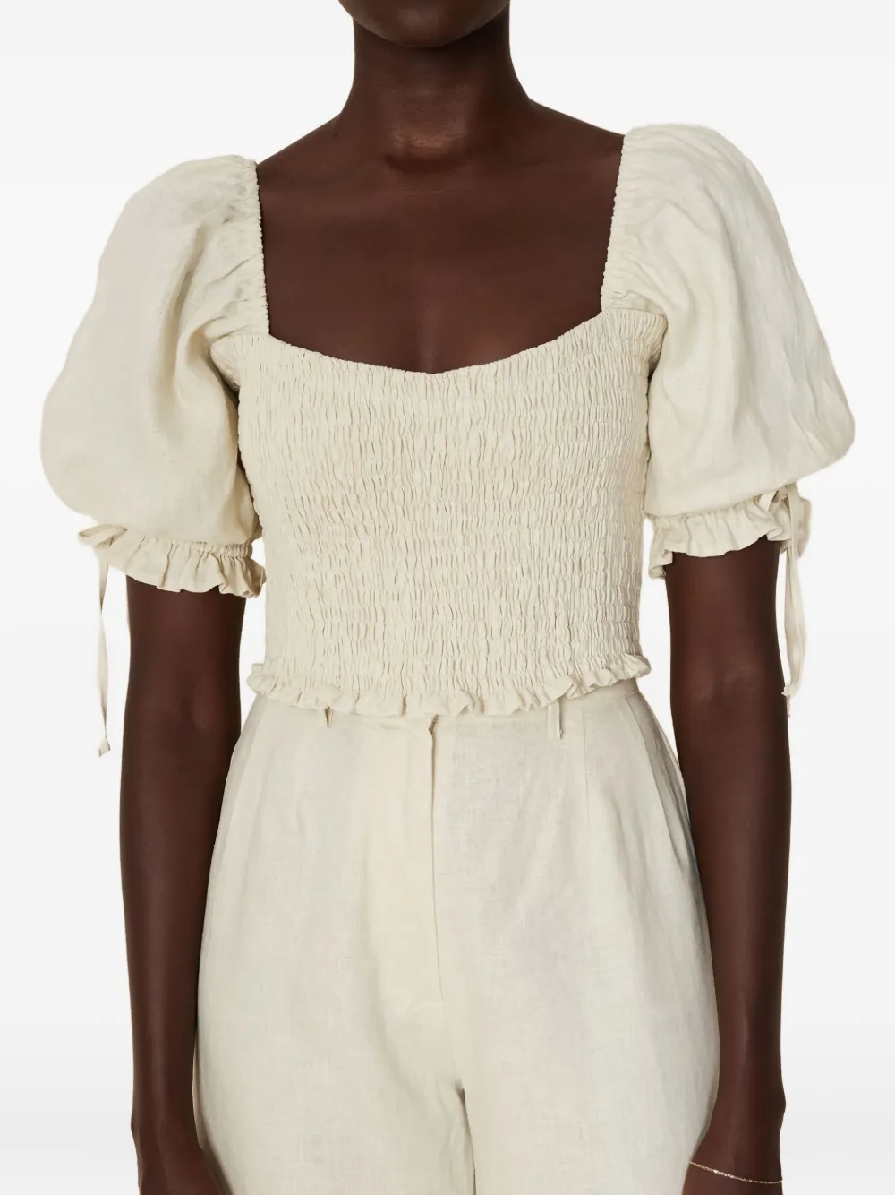 Faithfull the Brand Lisanza smocked puff-sleeve top Beige