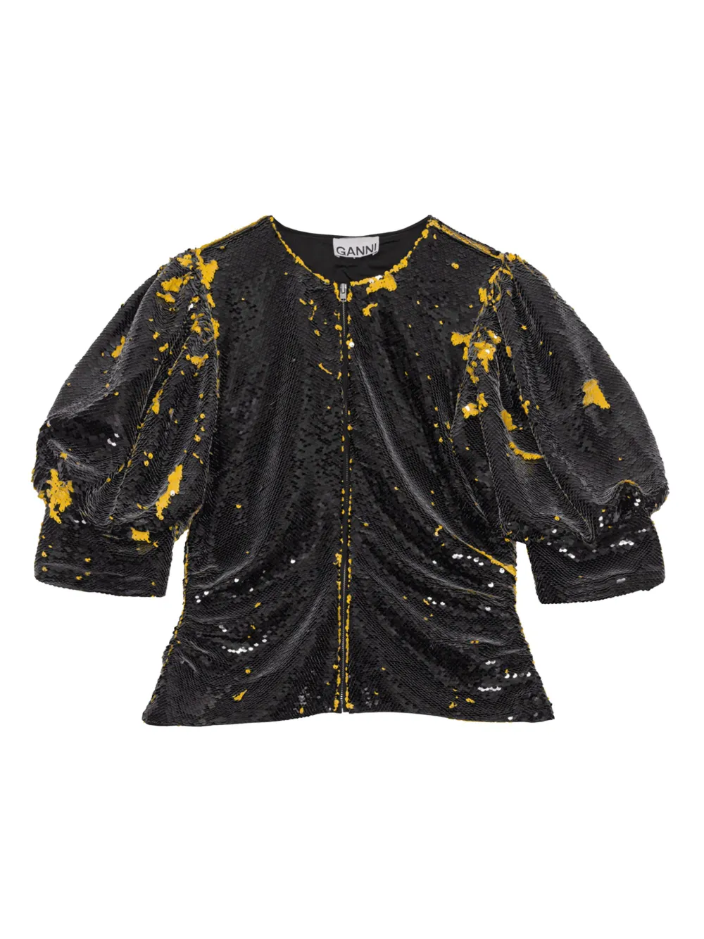 GANNI sequinned puff-sleeve blouse Zwart