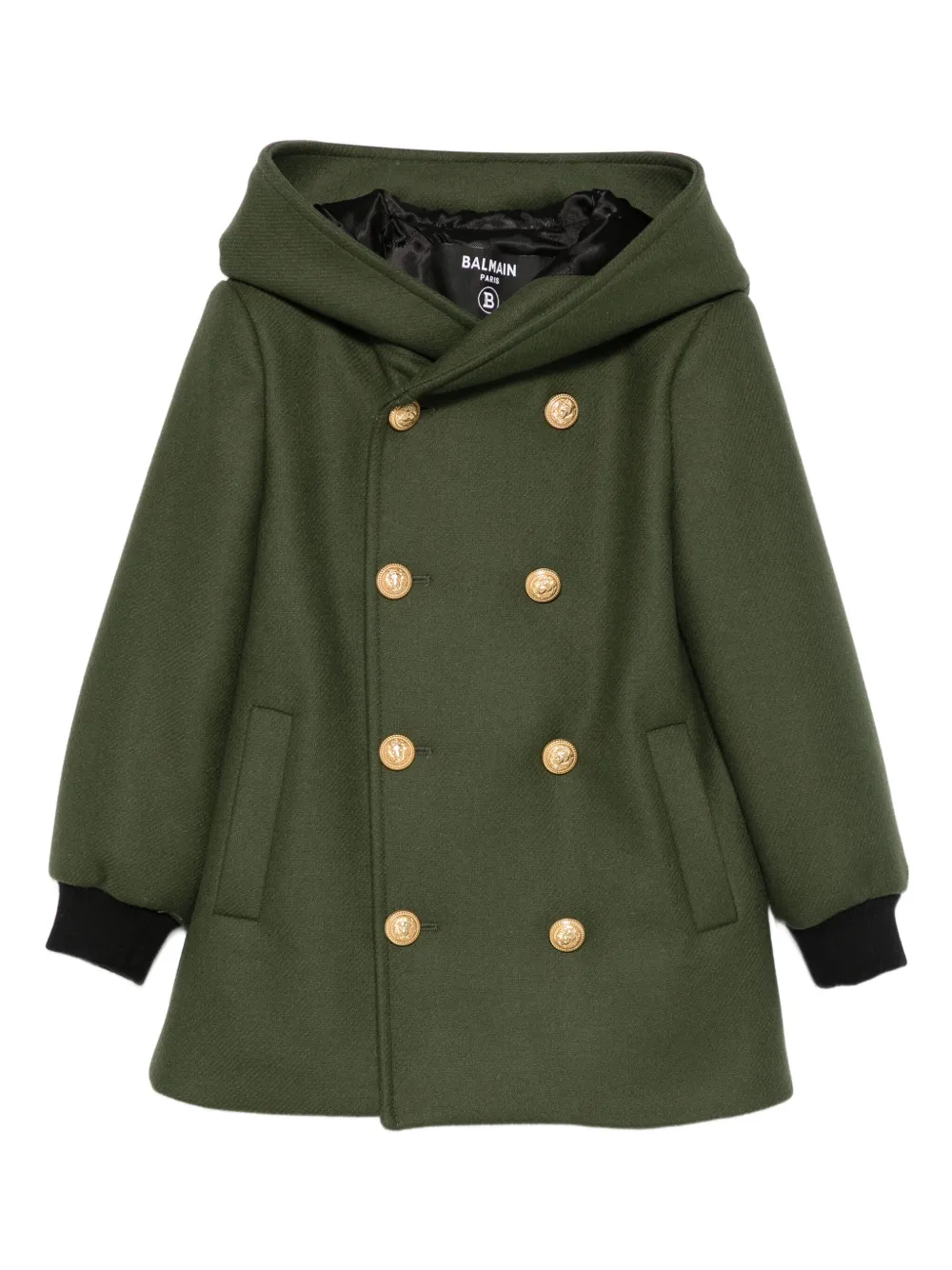Balmain Kids hooded double-breasted wool coat Groen