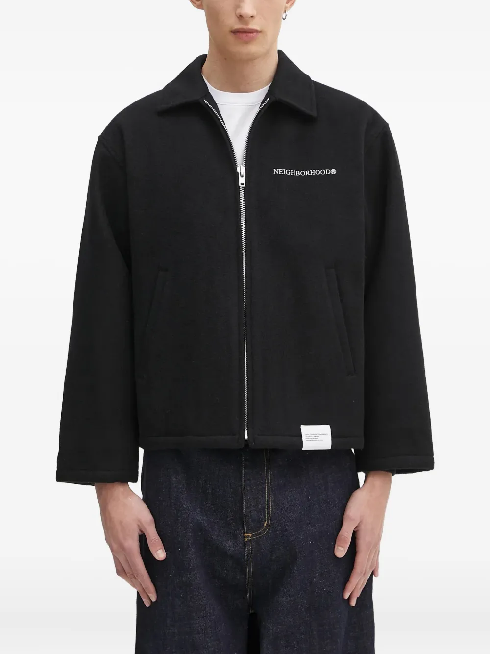 Neighborhood Melton shirtjack met rits en logo-embleem Zwart