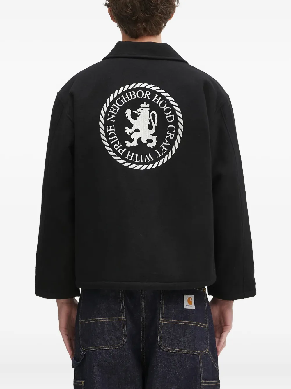 Neighborhood Melton shirtjack met rits en logo-embleem Zwart