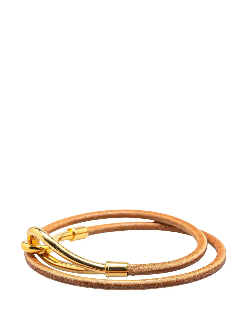 Pre-owned Hermes 20th Century Gold Plated And Leather Jumbo Hook Double Tour Bracelet Costume Bracelet