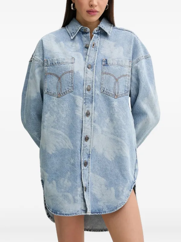 denim boyfriend shirt dress Oversized Denim Boyfriend Pocket Jean Collar Shirt Dress Long Sleeve Button High-Low Medium / M