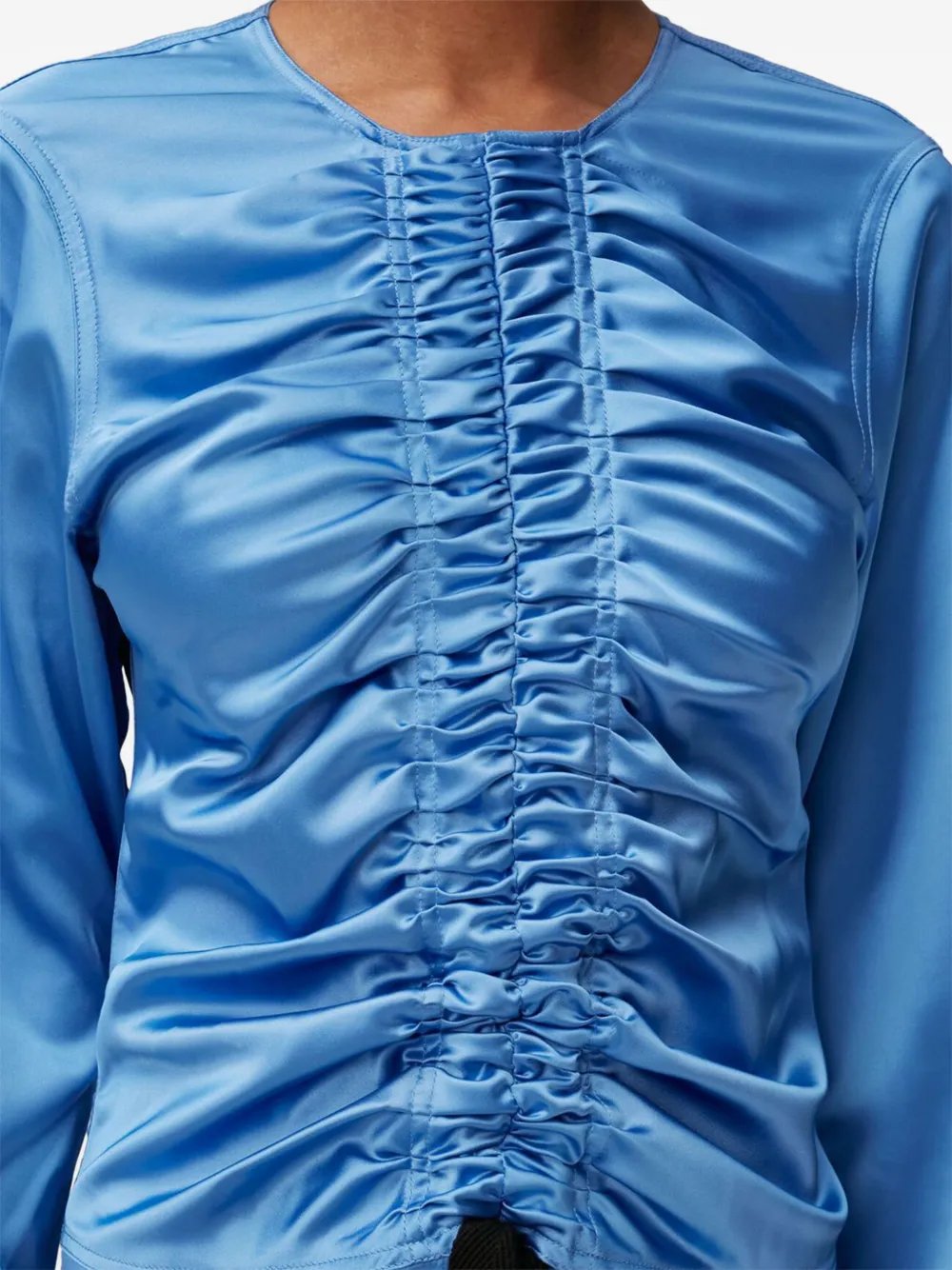 GANNI ruched-detail satin midi dress Blauw