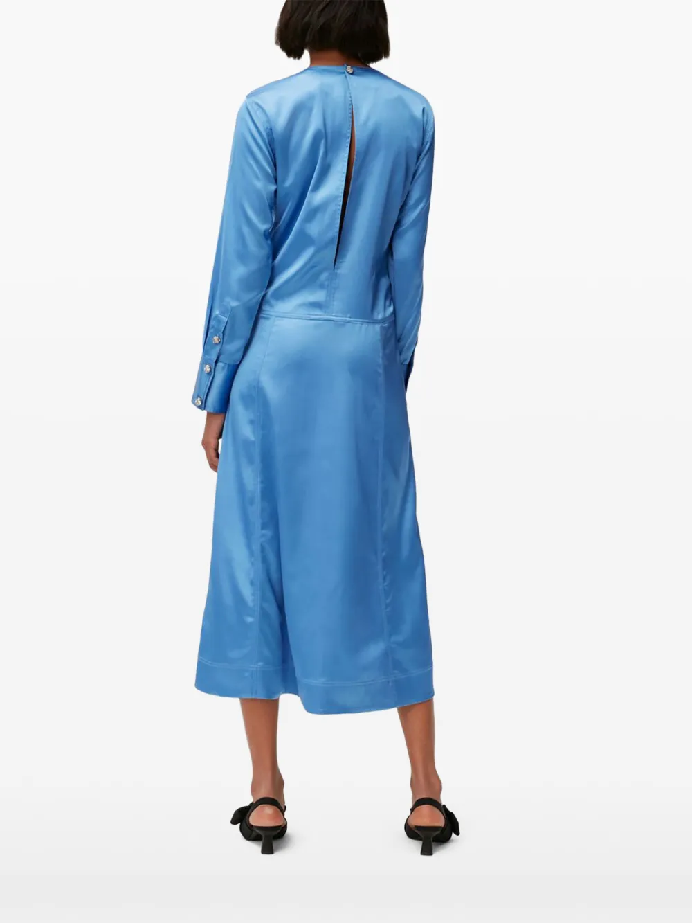 GANNI ruched-detail satin midi dress Blauw