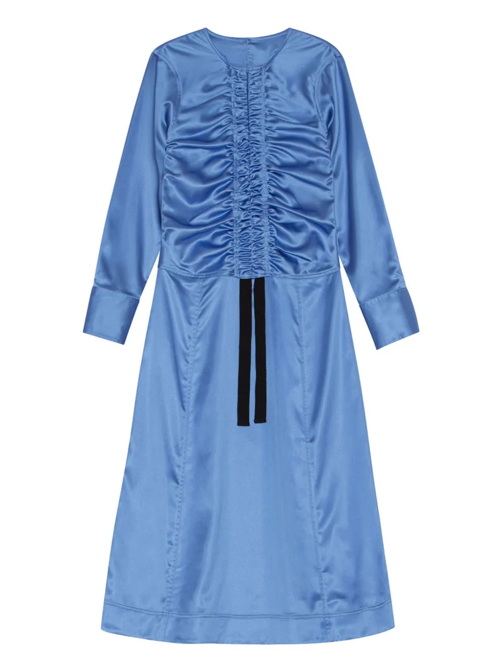 GANNI ruched-detail satin midi dress Blauw