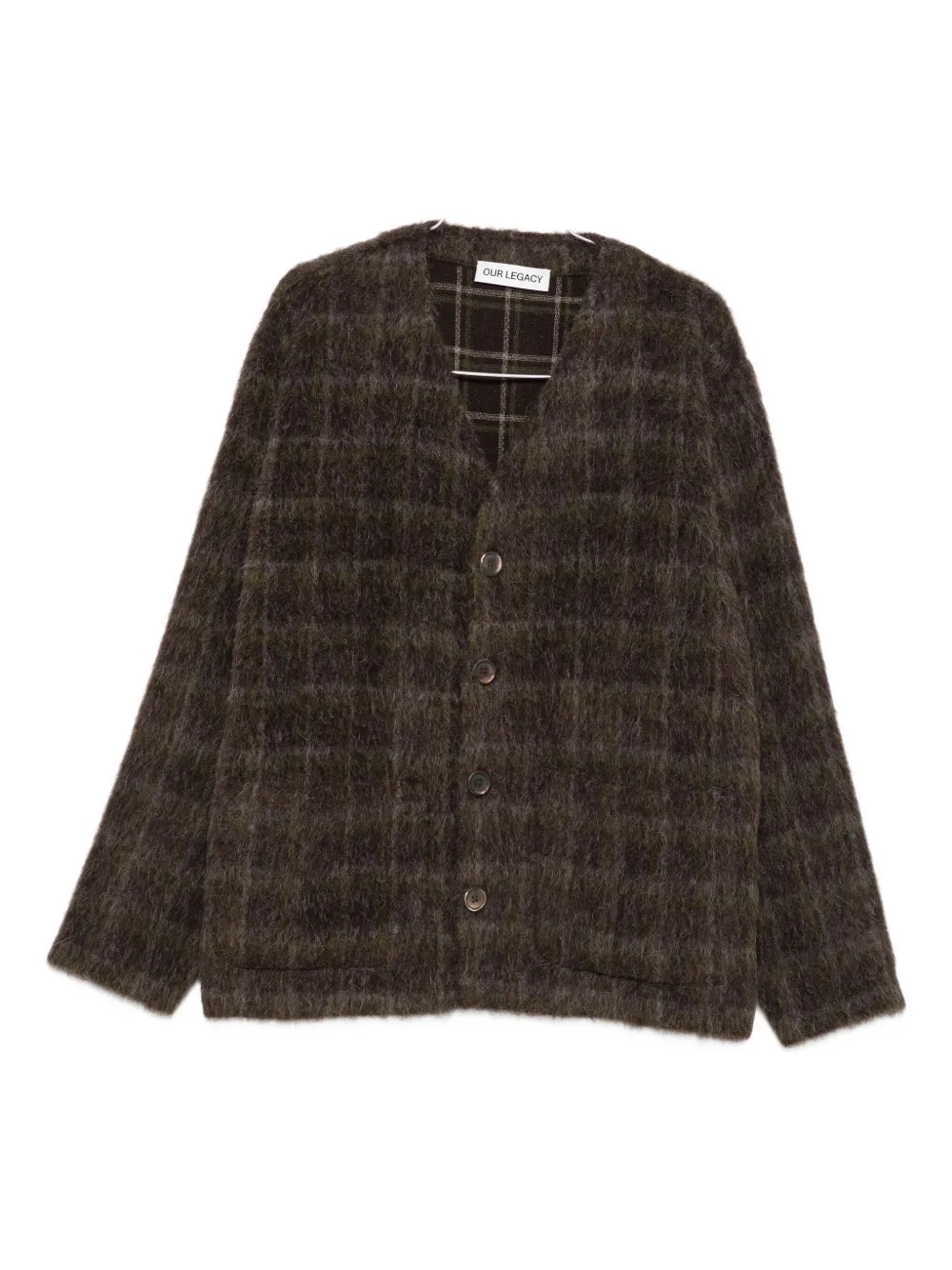 Our Legacy Embroidered Wool Blend V-neck Cardigan With Front Pockets In Brown