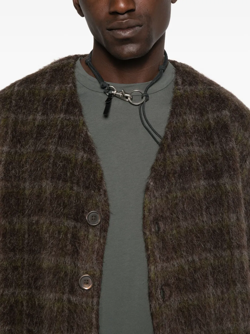 Our Legacy Embroidered Wool Blend V-neck Cardigan With Front Pockets In Brown