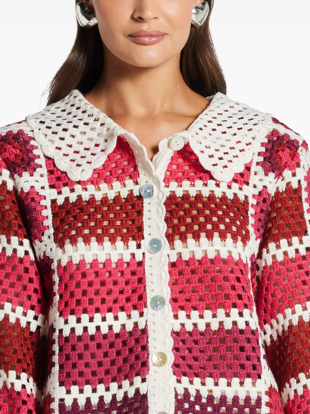 Farm Rio Colorful Crochet Tiles Shirt In Multi In Red