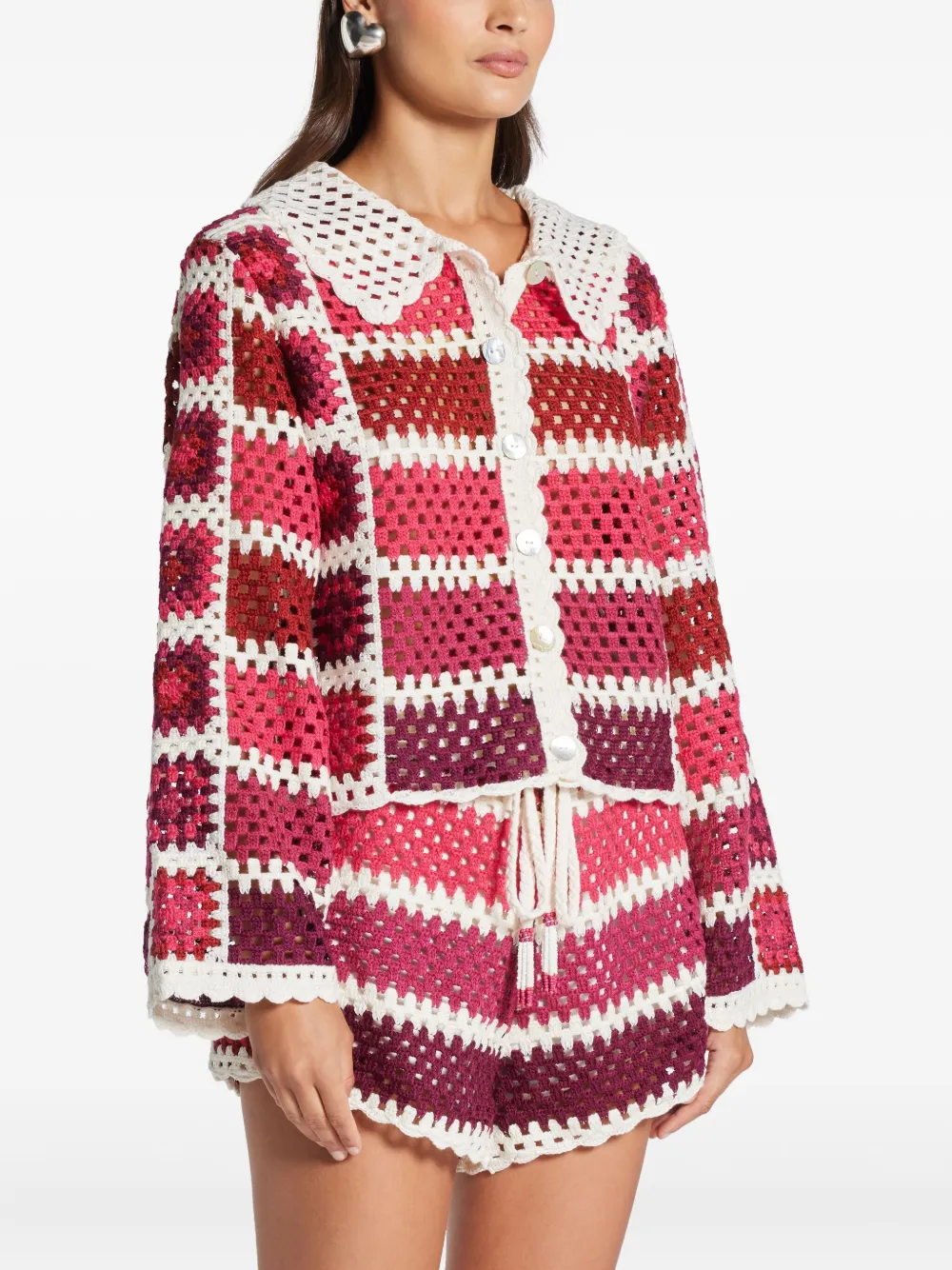 Farm Rio Colorful Crochet Tiles Shirt In Multi In Red