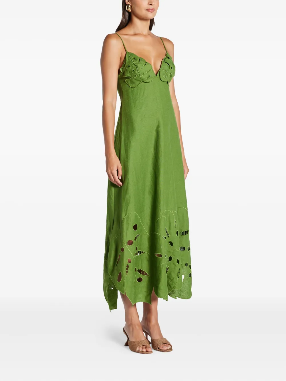 FARM Rio leaf-applique linen midi dress - Groen