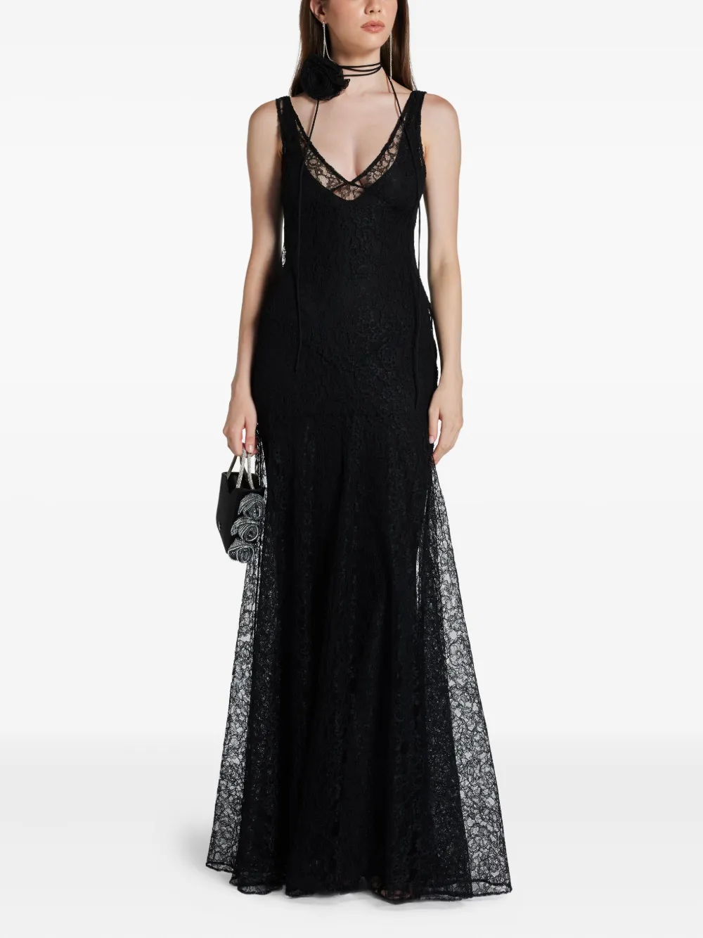 De La Vali lace-overlay v-neck dress - Zwart