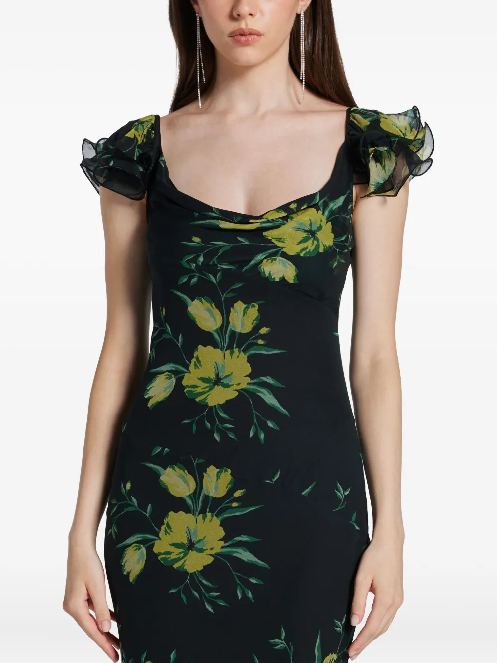 De La Vali Ruffled Floral-print Dress In Black
