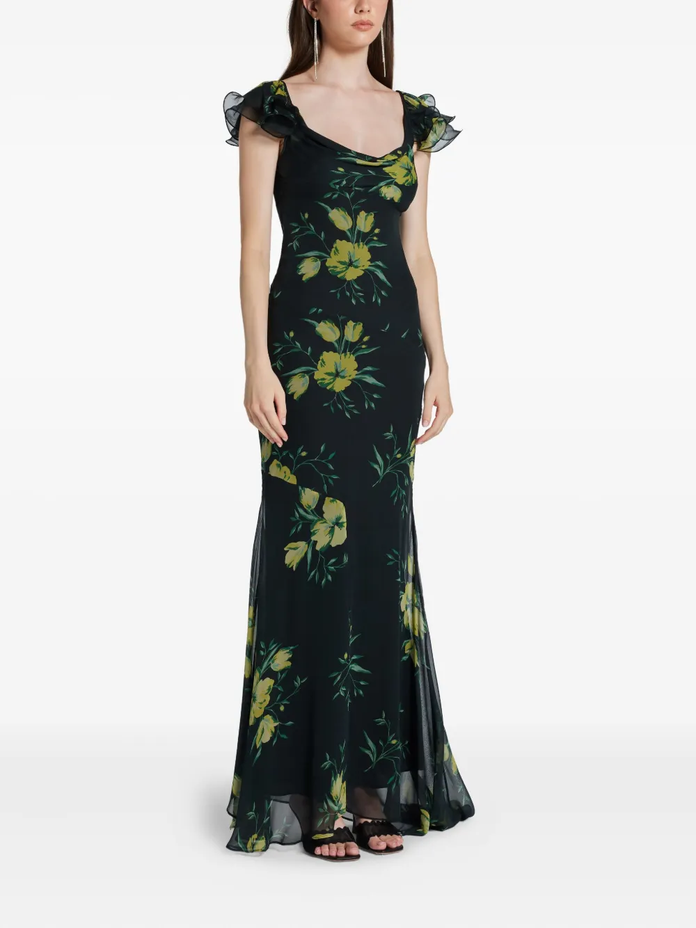 De La Vali Ruffled Floral-print Dress In Black