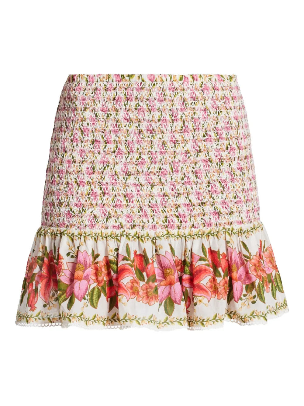 Farm Rio Summer Fruit Smocked Floral-print Mini Skirt In Pink