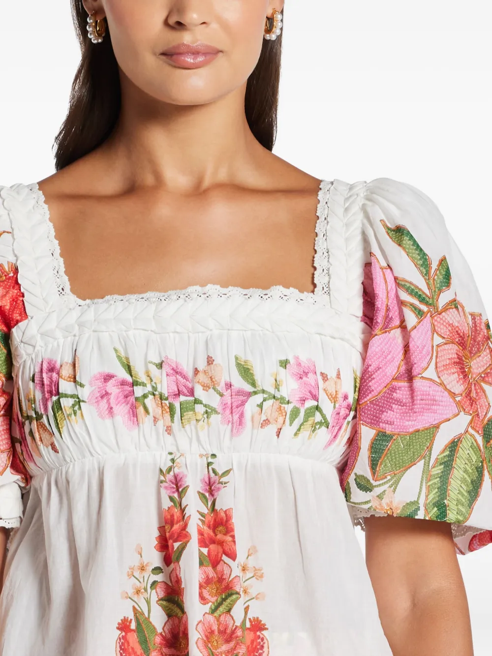 Farm Rio Summer Fruit Cotton Puff-sleeve Square-neck Blouse In White