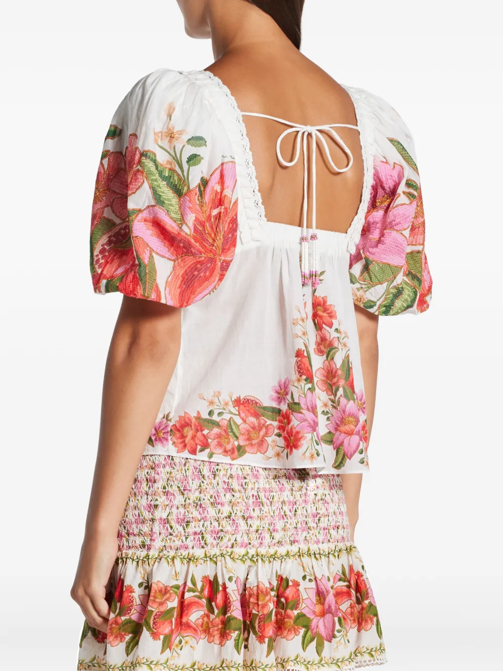 Farm Rio Summer Fruit Cotton Puff-sleeve Square-neck Blouse In White