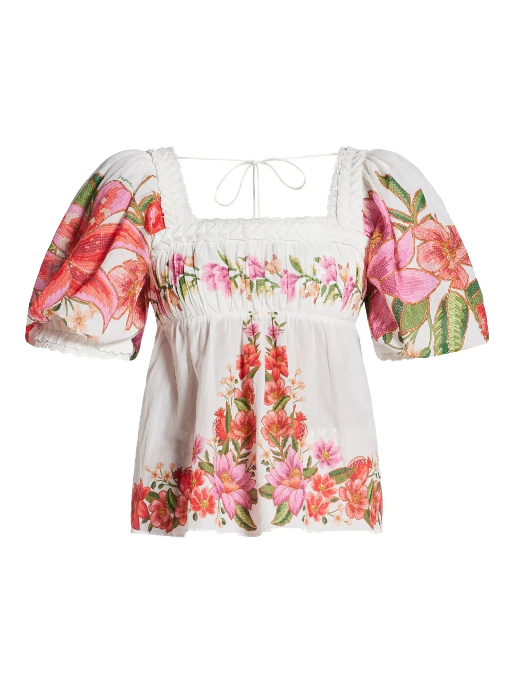 Farm Rio Summer Fruit Cotton Puff-sleeve Square-neck Blouse In White