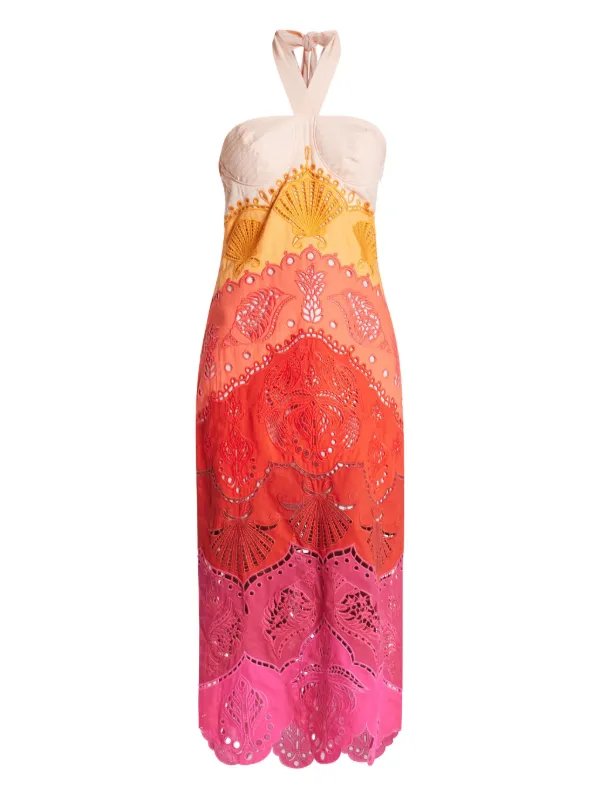 FARM Rio embroidery-eyelet halter-neck Midi Dress | Neutrals | FARFETCH JO
