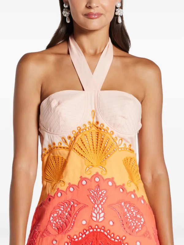 FARM Rio embroidery-eyelet halter-neck Midi Dress | Neutrals | FARFETCH