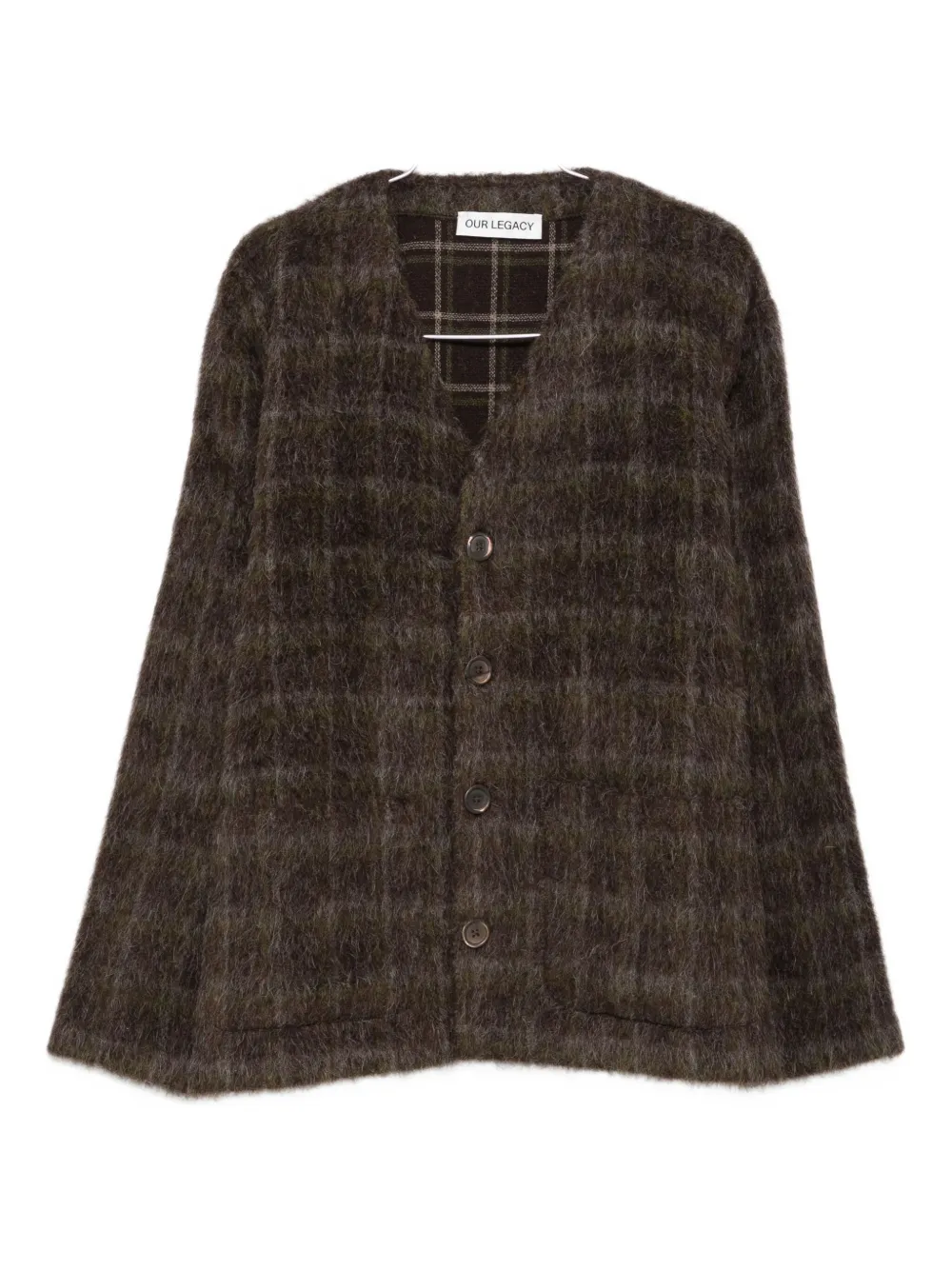 Our Legacy Embroidered Wool Blend V-neck Cardigan With Front Pockets In Brown