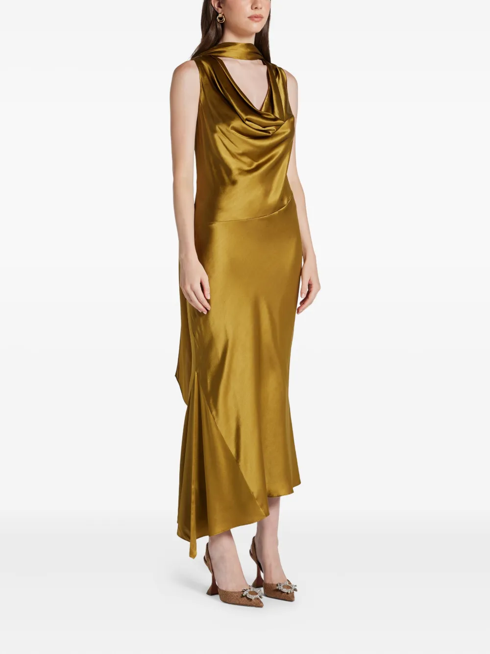 De La Vali Cowl-neck Asymmetric Dress In Gold