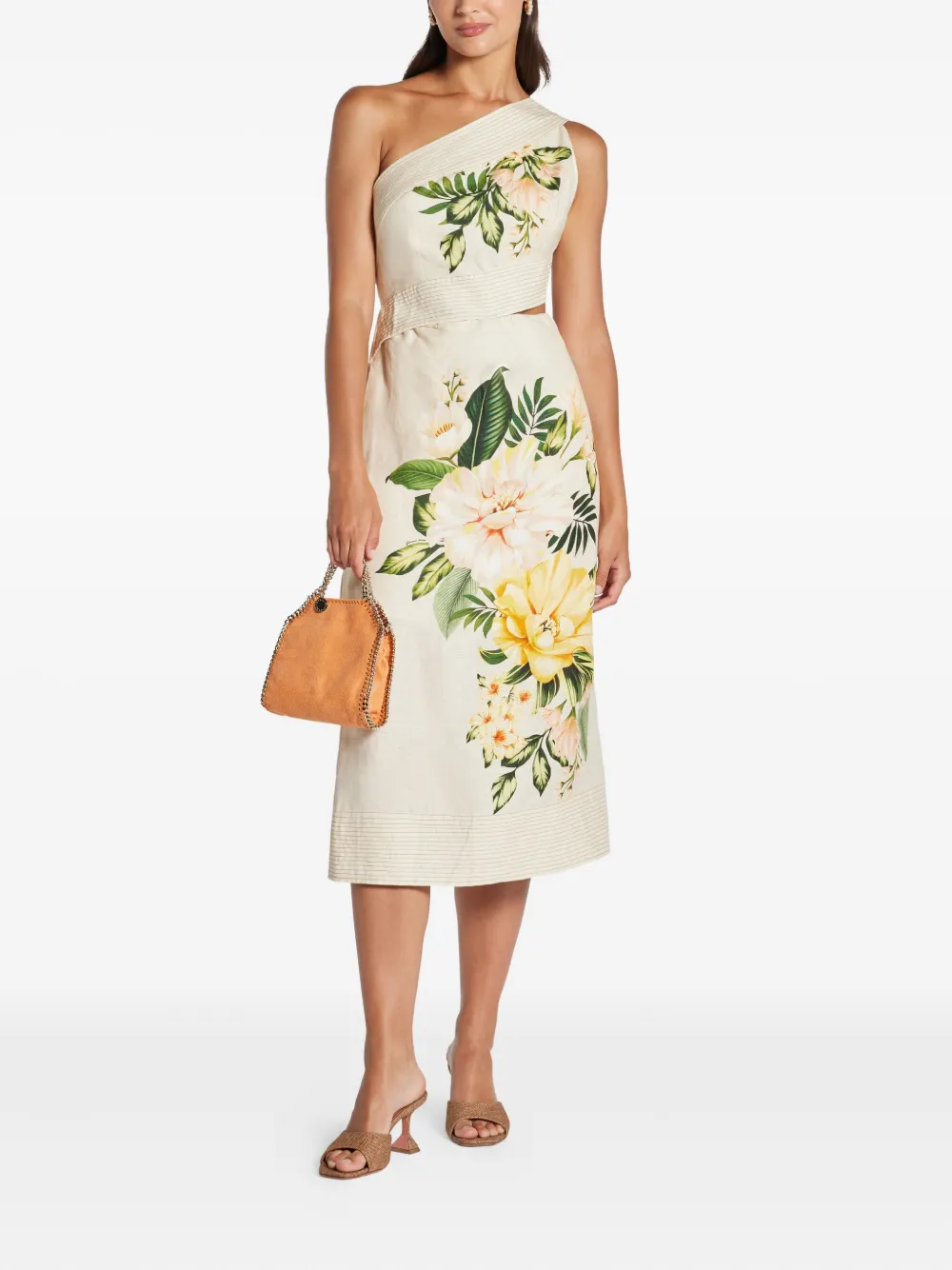 FARM Rio floral-print one-shoulder midi dress - Beige
